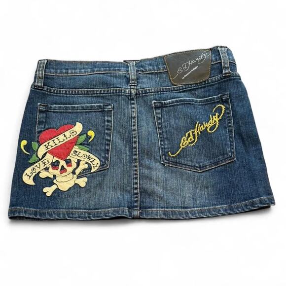 Ed Hardy Dresses & Skirts - Y2K Ed Hardy Vintage Blue Denim Mini Skirt – “Love Kills Slowly” (sz 27)